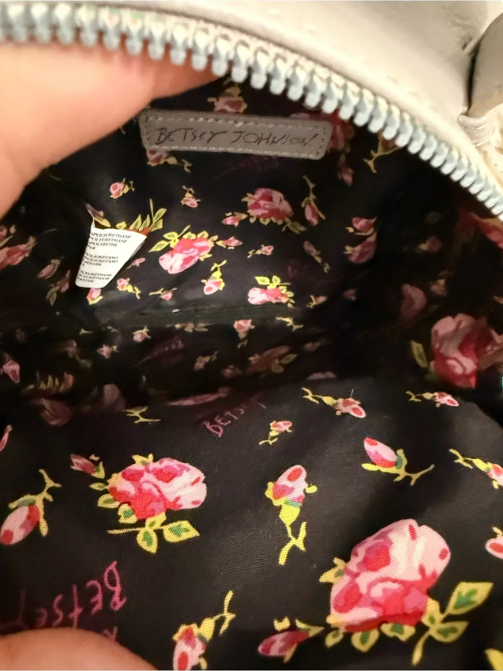Betsey Johnson Floral-Lined Mini Backpack in Black, Pink & Green